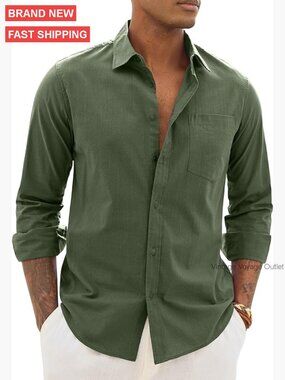 Men's Long Sleeve Cotton Linen Button Down Shirt Casual Summer Beach Wedding Top